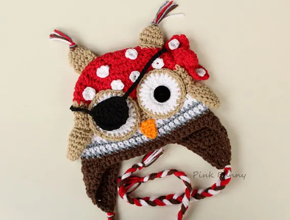 Вязаная крючком пиратская шляпа с совой шапочка шапка животными красная бандана