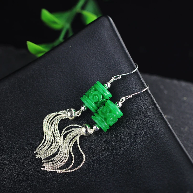 Women's Long Tassel Drop Earring Pure 925 Sterling Silver Natural Jade Handmade Gifts Fashion Jewelry 2021 Free Shipping E234 |