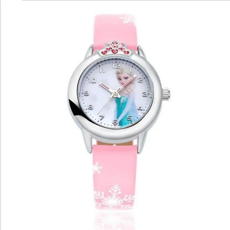 pink Новинка; детские часы принцессы Эльзы и Анны с героями мультфильмов; модные часы для девочек; студенческие кожаные аналоговые наручные часы со стразами; Relojes kol saati - Цвет: pink