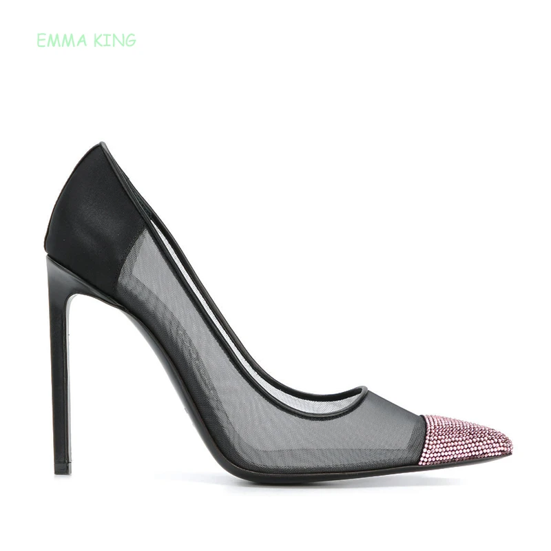 Прозрачные сетчатые кружевные туфли zapatos mujer Tacon с острым носком и кристаллами
