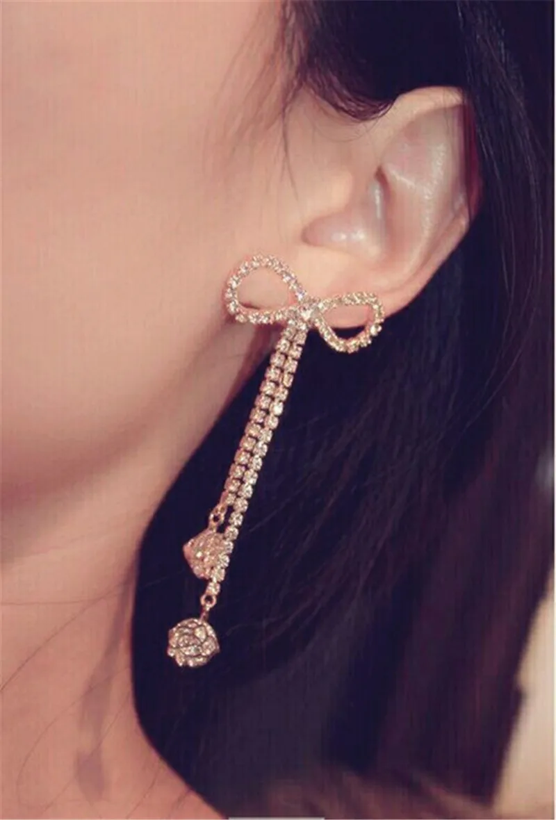 Женские Простые Роскошные Длинные серьги с бантиком и кристаллами элегантные