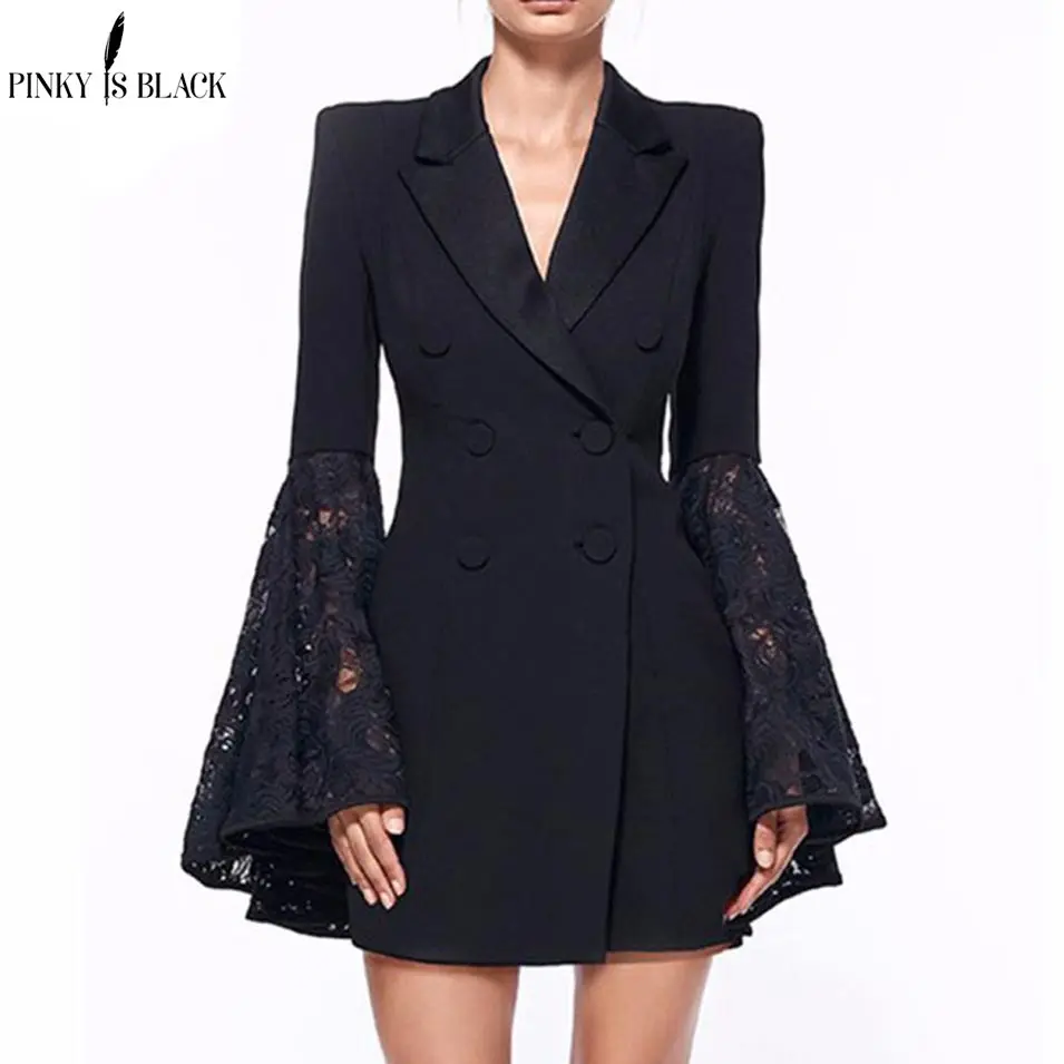 Pinky Is Black/ г. весенне-осенние женские блейзеры, новые модные куртки, костюм, повседневный сексуальный блейзер с кружевными вставками и расклешенными рукавами