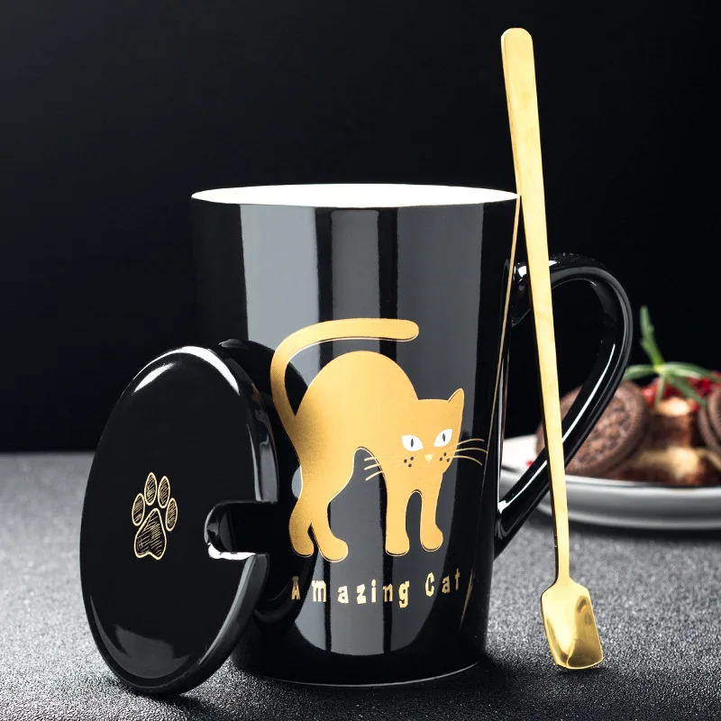 Mug Set 420 мл, новинка, милая керамическая кофейная кружка с котом, с крышкой, ложкой, кружки с животными, креативная посуда для девочек, кофейные чайные чашки, новые подарки, чашка для молока - Цвет: Mug Set