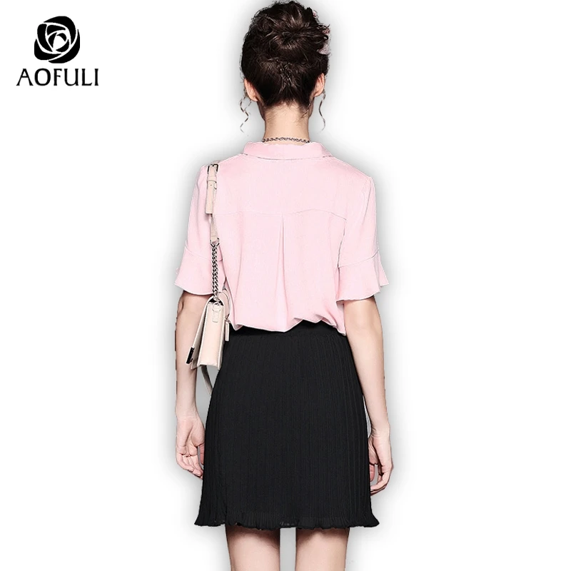 size-S Brand Summer Ladies Skirt Suit Womens Set Short Sleeve Blouse Twinset Pleated Outfit B5336 | Женская одежда