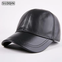 siloqin adjustable size mens winter warm genuine leather baseball caps with earmuffs youth cowhide leather brand dad visor cap