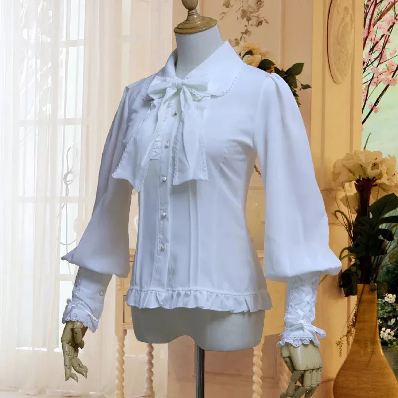 Платье рубашка Стимпанк Викторианский костюм для женщин Винтаж Slim Fit Шифоновая Блузка Лолита галстук-бабочка фонари рукава Топ коса для леди