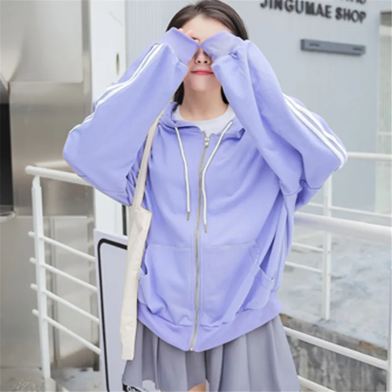 2019 Spring and Autumn New Women Sweatshirts Side Stripe Purple Hooded Female Loose Student bf Casual Zipper Jacket SY019 |