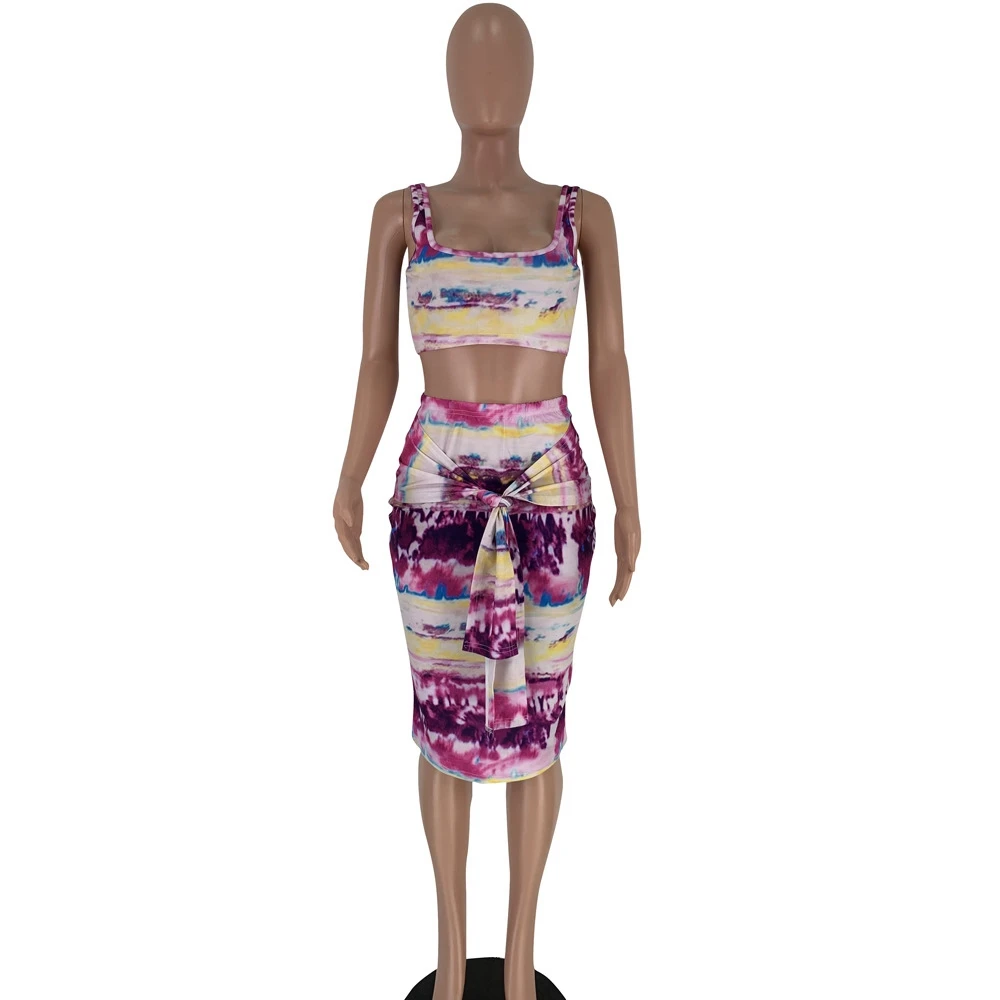 

STYLISH LADY Tie Dye Printed 2 Piece Set Women 2019 Summer Sleeveless Crop Top and Bandage Midi Skirt Suits Club Party Outfits