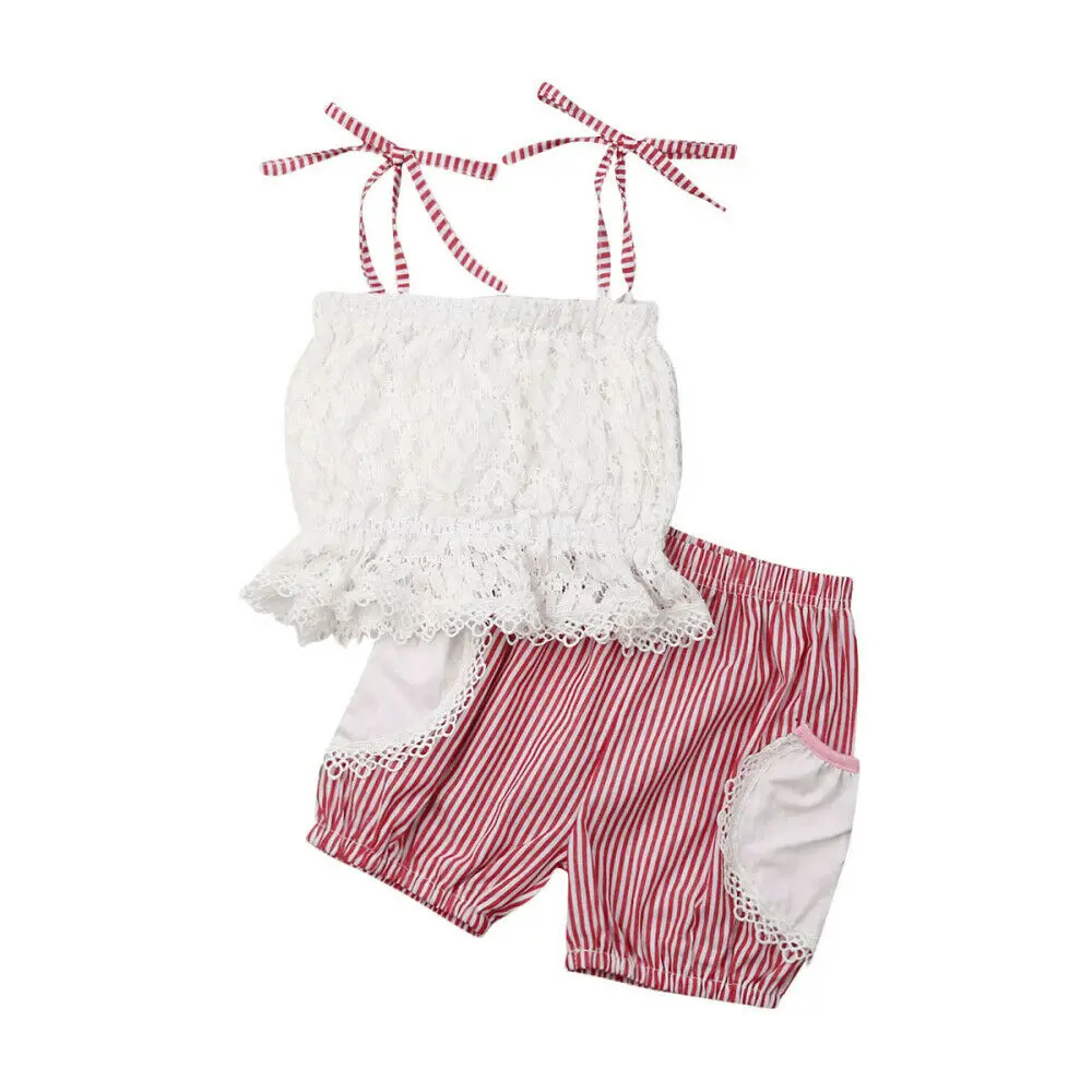 

Детская одежда Pudcoco, лето 2019, для маленьких девочек, без рукавов, с поясом, кружевные топы, полосатые шорты, хлопковый детский наряд, костюм от...