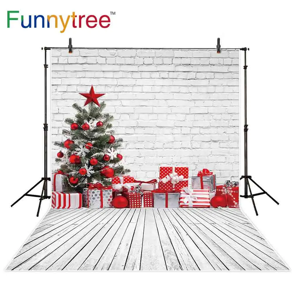 Funnytree photography backdrops white brick wood floor christmas tree gifts decorations background for photo studio photocall |