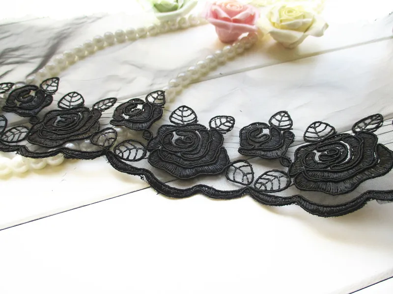 3 м/лот Черная роза машина костяная вышивка кружевная отделка аппликация из