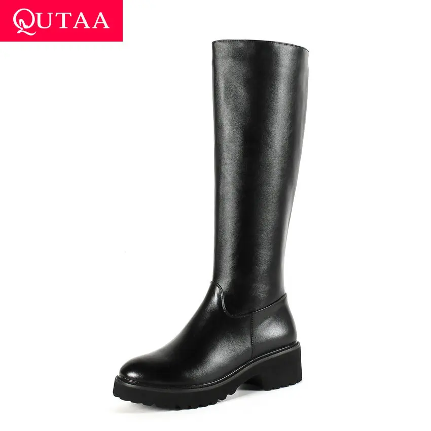 QUTAA/ повседневные женские высокие сапоги на платформе зимняя теплая обувь на меху модные сапоги до середины икры на квадратном каблуке с боковой молнией Большие размеры 34-43