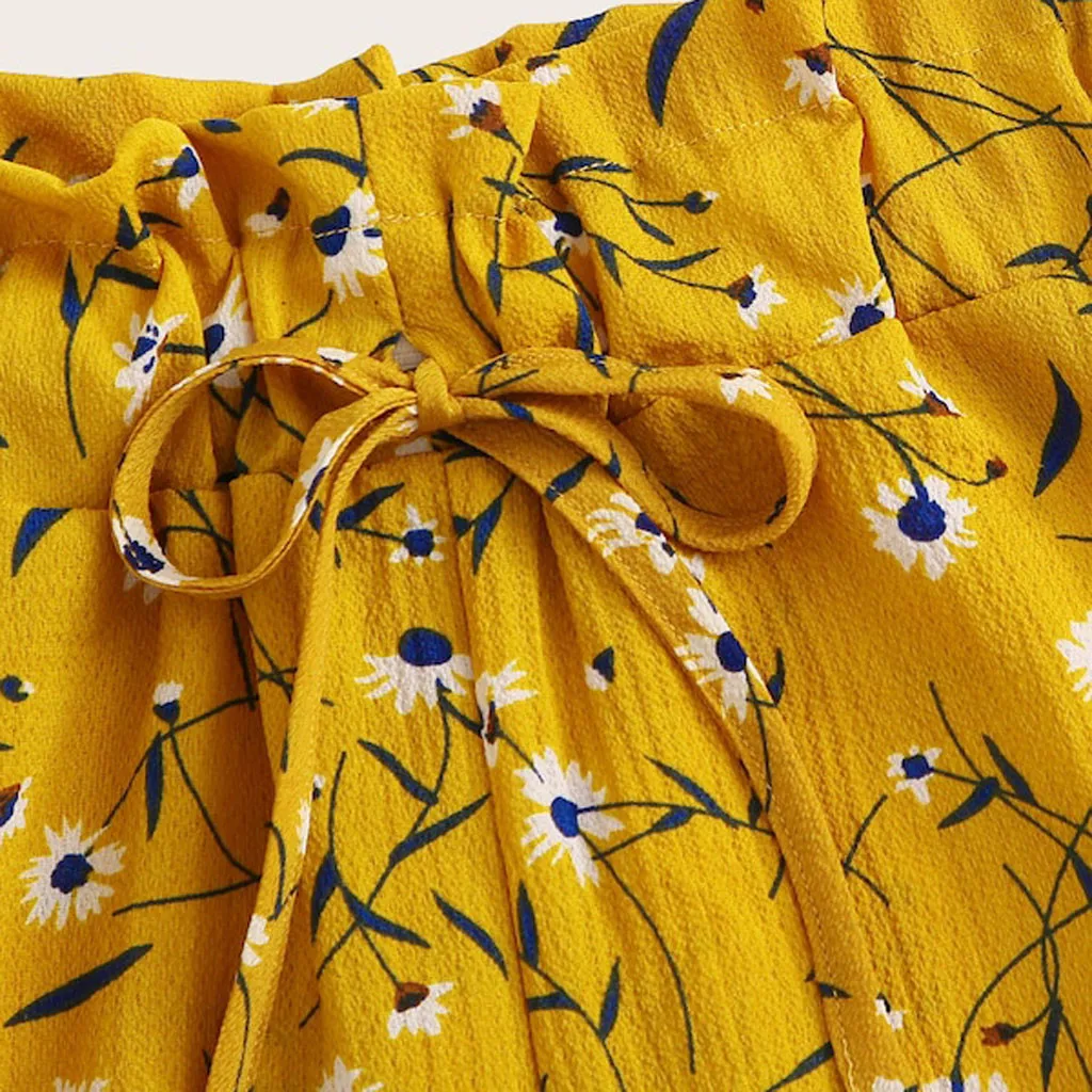 Модные женские богемные повседневные шорты с рюшами, шорты с цветочным рисунком на завязках, женские свободные желтые шорты, femme ete