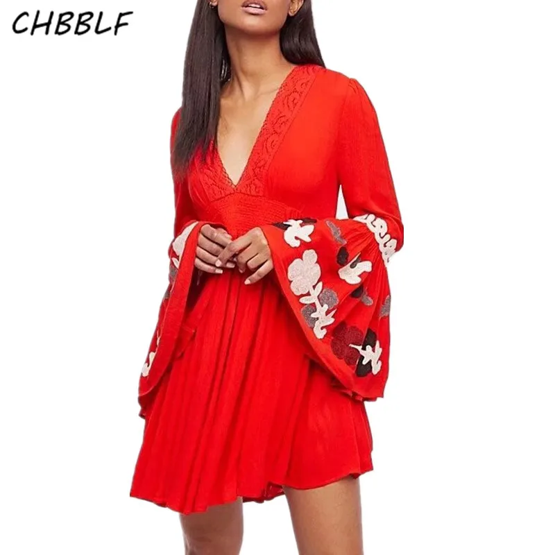 С расклешенными рукавами Дамы Мини платья с v-образным вырезом Женская мода