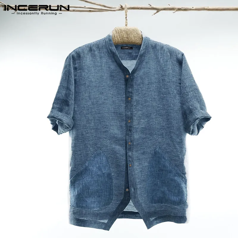Dark Blue Shirt INCERUN, мужская повседневная рубашка, v-образный вырез, карманы, Ретро стиль, половина рукава, пуговицы, дышащий, китайский стиль, кунг-фу, рубашки для мужчин, Camisa S-5XL - Цвет: Dark Blue Shirt