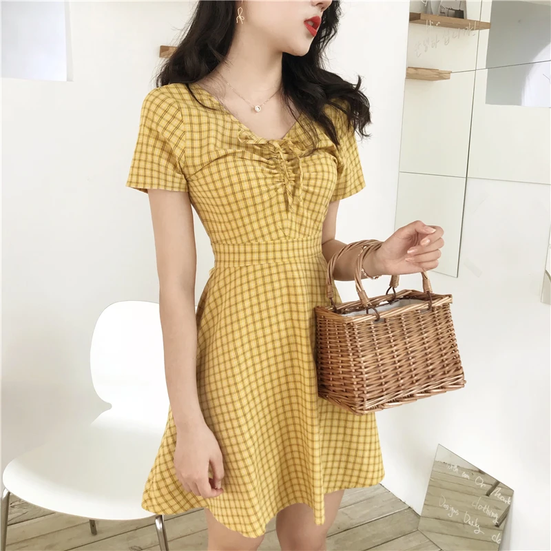Lychee Girls Slim Plaid Lace Up Short Sleeve Summer Women Dress V Neck Causal A Line Female | Женская одежда