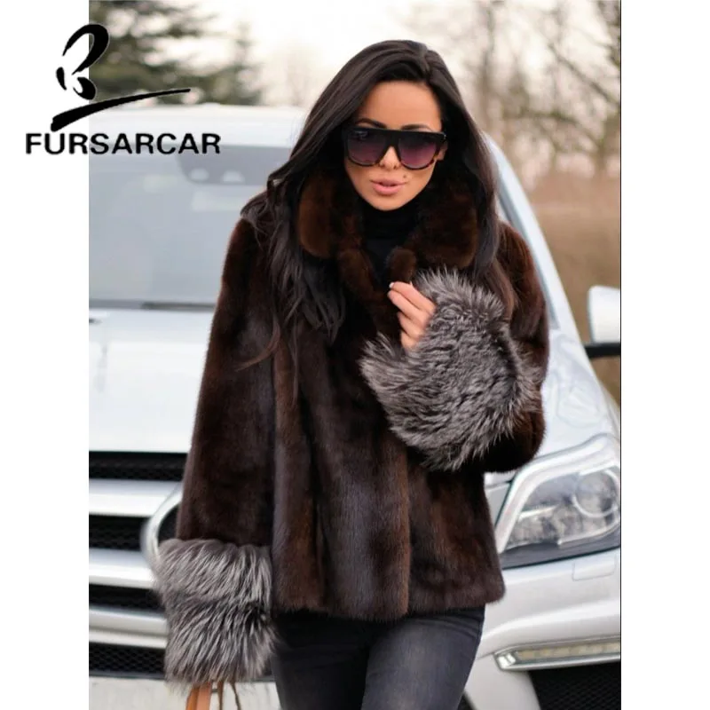FURSARCAR Luxury Women Real Fur Natural Silver Fox Fur Coat Elegant Slim Female Winter Thick Warm Casual Style Jacket  Coats