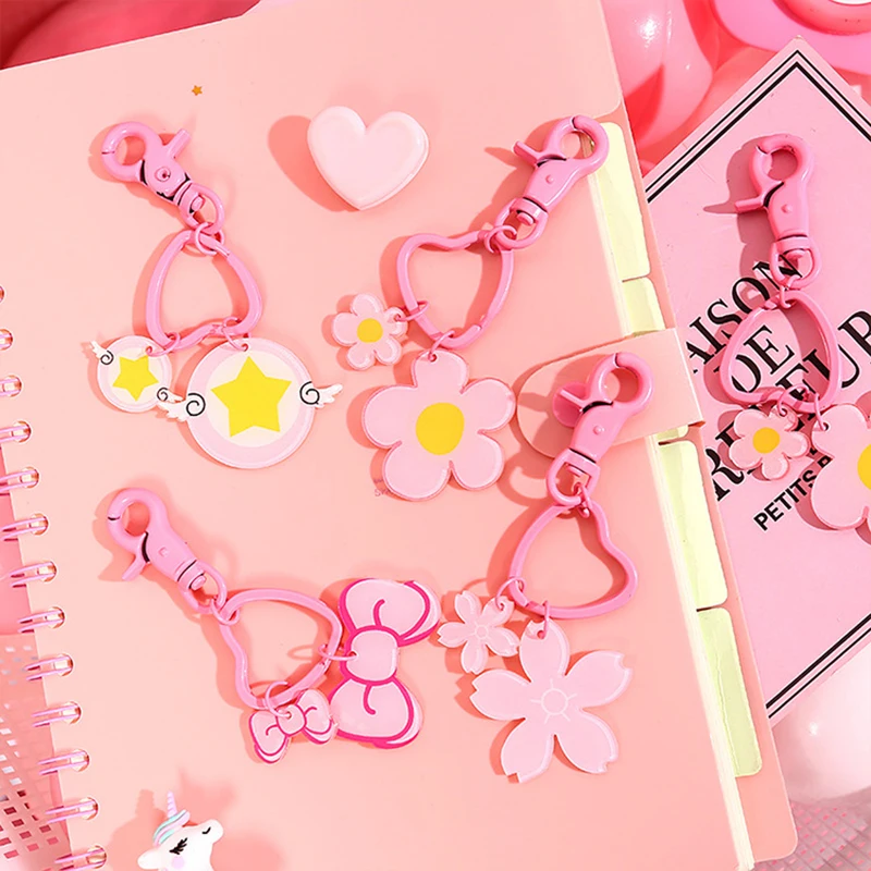 Japanese Cute Pink Girl's Lovely Keychains Acrylic Cherry Flowers Bow knot Hanging Bag Pendant Key Chains Keys Holder Gift 2019 |
