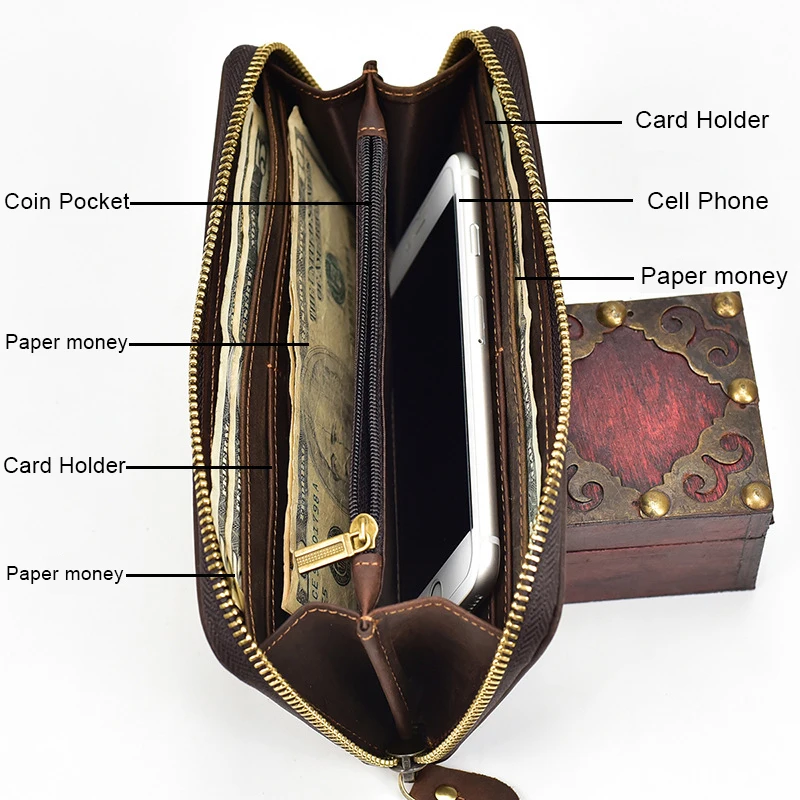 2018 Винтаж Для мужчин кошельки из натуральной яловой кожи Длинные Стиль кошелек