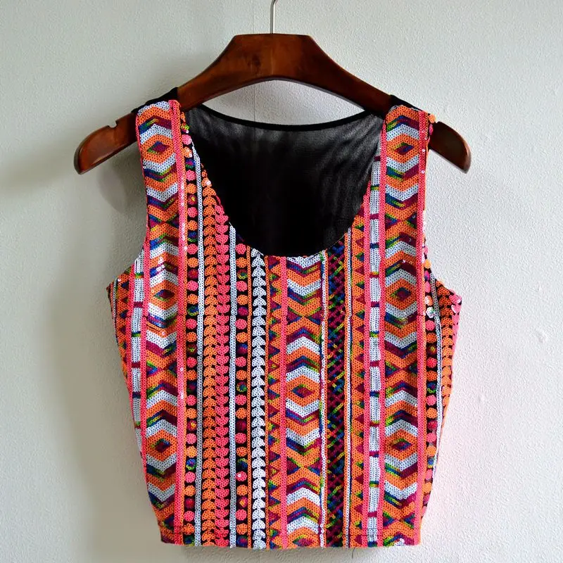 Korean Unicorn Kpop Polyester Cotton Print Sleeveless O-neck Sequined Real 2021 New Style Women National Sequins T-shirt | Женская