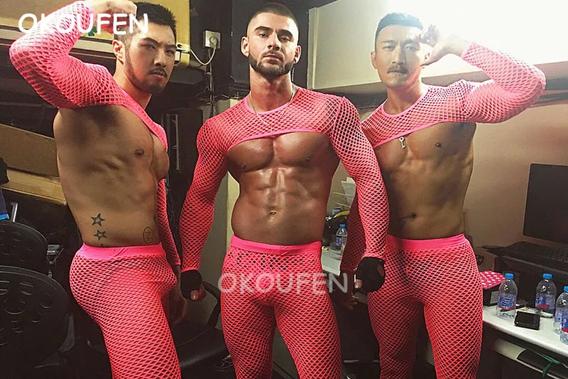 Мужской флуоресцентный костюм DS sexy розовый полусетчатый вечерний для ночного