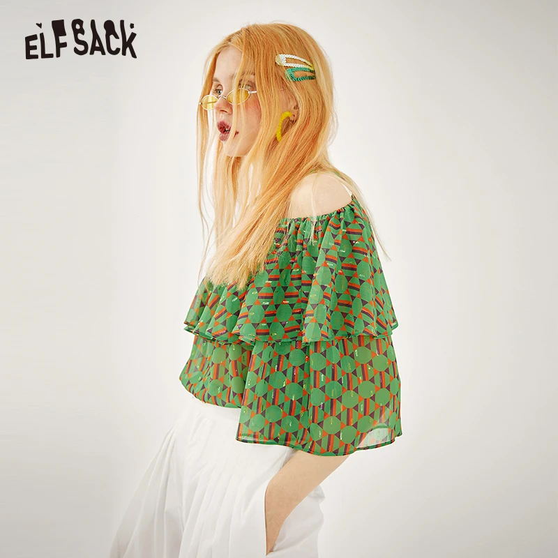 Женская блузка ELFSACK с зелеными оборками и рукавом бабочкой летняя 2019|Блузки| |