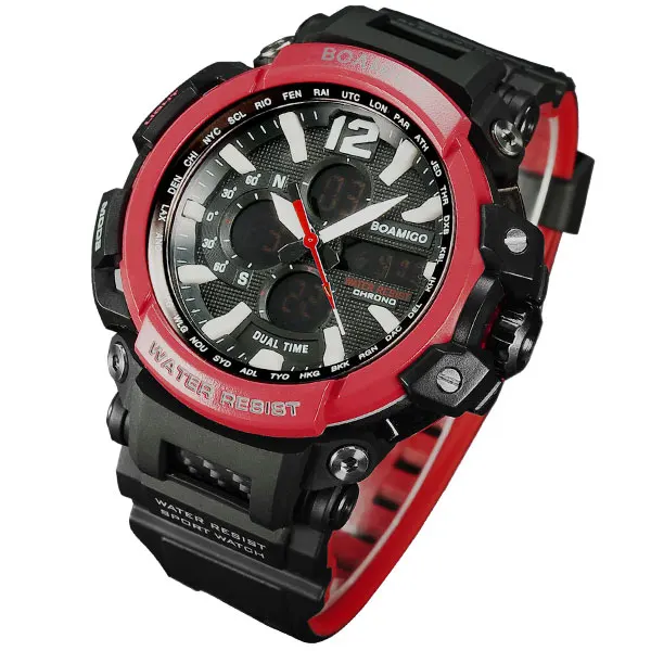 black red Бренд BOAMIGO, мужские спортивные цифровые аналоговые часы, мужские светодиодный часы с двойным временем, водонепроницаемые ударные наручные часы, мужские часы - Цвет: black red