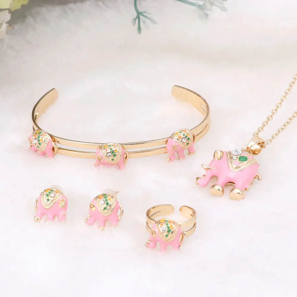 Золотой цвет Эмаль Кристалл Слон ожерелье браслет кольцо набор для детей костюм