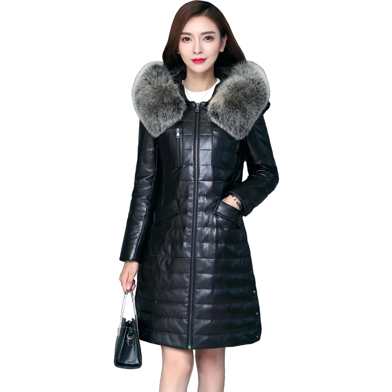 

Luxury Genuine Sheepskin Leather Suede Down Parkas Coat Jacket Fox Fur Hoody Autumn Winter Women Warm Outerwear LF4050