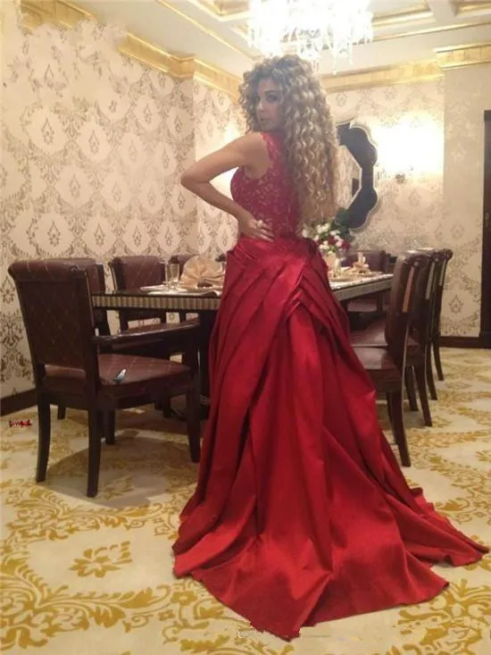 vestido de festa longo 2016 Red Long Evening Dresses With Detachable Train Lace Sheath Satin Tail Custom Made Prom Gowns | Свадьбы и