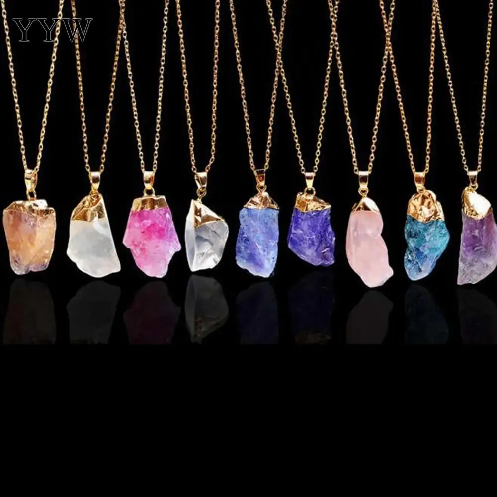 

Fashion Stone Necklace Rainbow Stone Natural Crystal Rock Necklace Gold Color Quartz Pendant Jewelry necklace 17.5 Inch