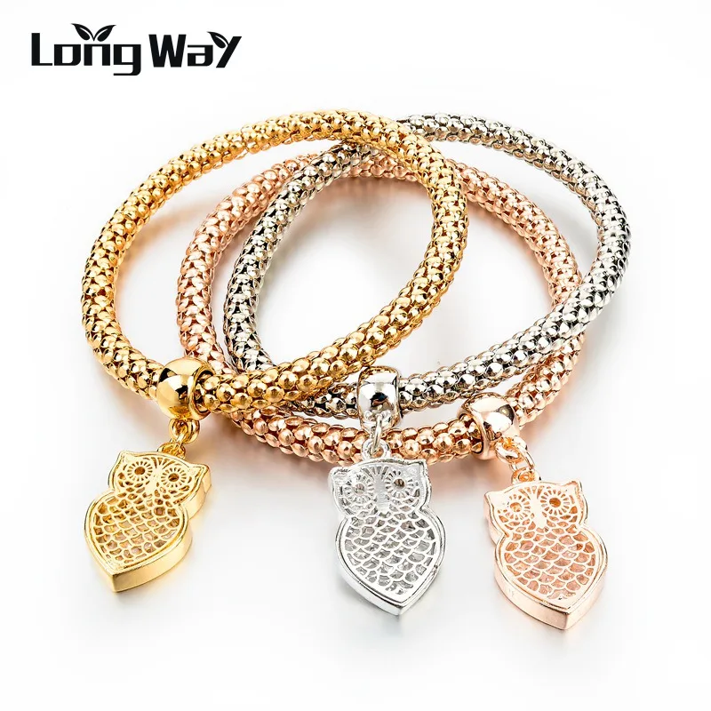 Женский эластичный браслет LongWay золотого цвета с подвесками в виде совы и