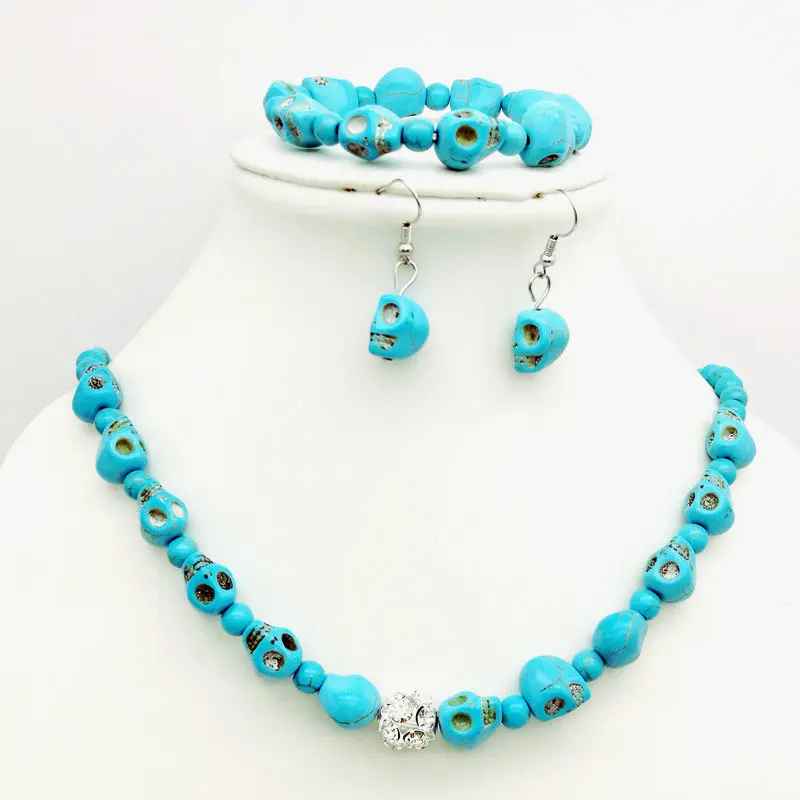 

1Set Blue Skull Gem Stone Necklace Bracelet Dangle Earrings Set