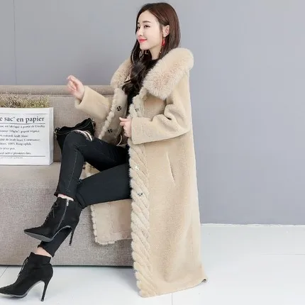 Beige Гранулы оторочка из овечьей шерсти пальто зимнее шерстяное пальто женское меховое пальто лисий мех с капюшоном теплая кашемировая куртка пальто Длинная куртка пальто - Цвет: Beige