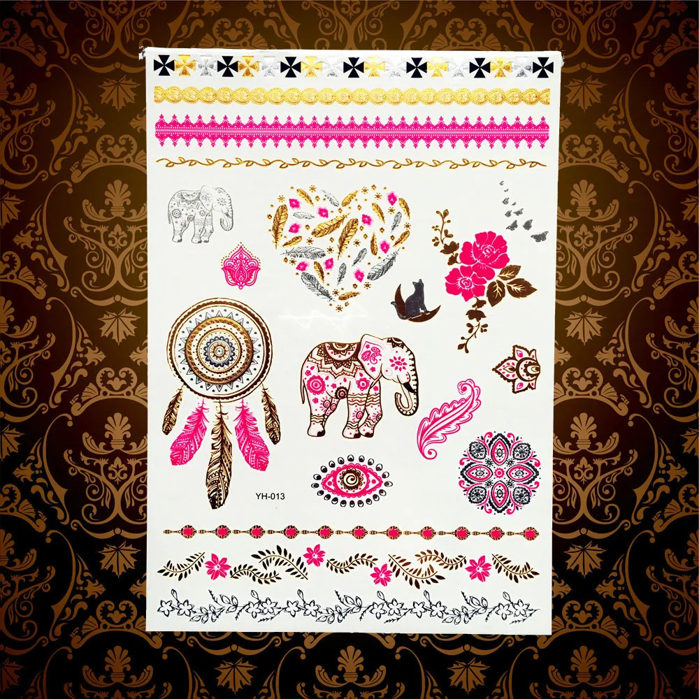 1PC Indian Women Henna Gold Metallic Tattoo Peacock Feather Flash Gecko Bracelet Lace Arm Chain Temporary Stickers | Красота и