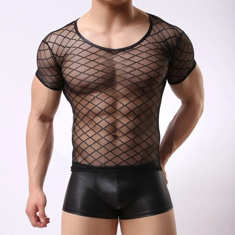 

Transparent Mesh Tshirt Men T Shirt V-Neck Short Sleeve Plaid Sexy Undershirt Singlet Male Night Club Performance Sheer Top Tees
