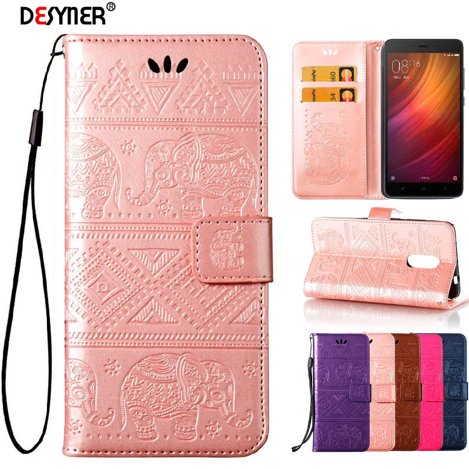 Чехол книжка Desyner Elephants из тисненой кожи для телефона Xiaomi Redmi 3 3S 3X 4 Pro 4X 4A Note чехол с
