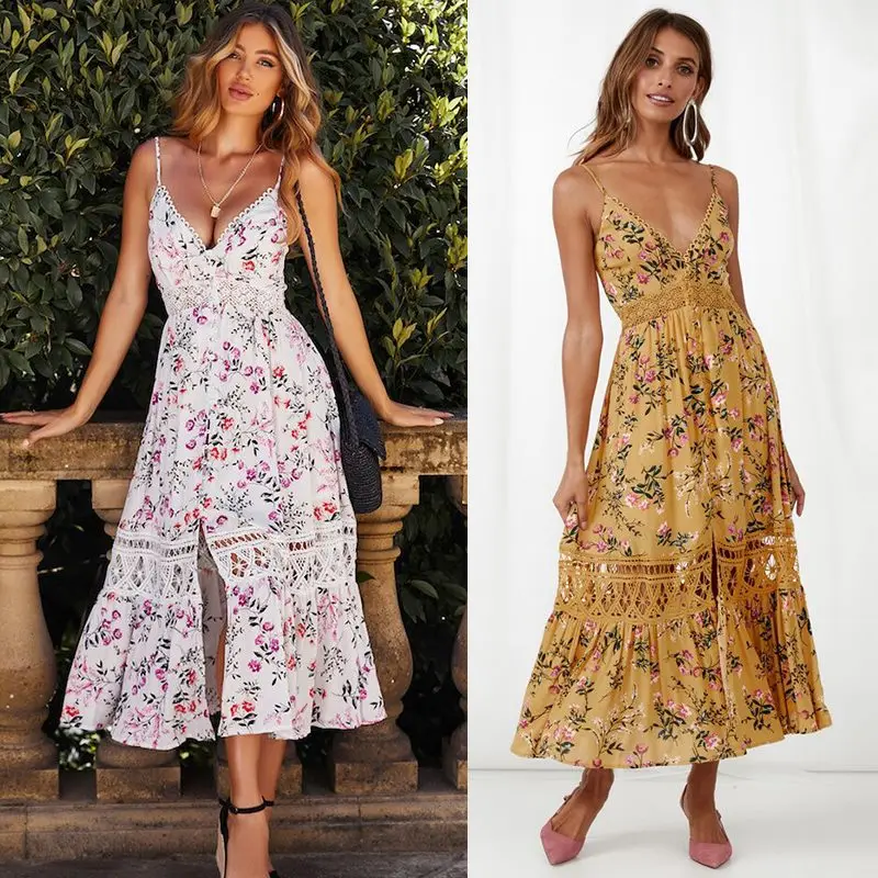 Raisvern Boho Летнее Длинное платье с цветочным принтом, женское Макси платье без рукавов с v-образным вырезом, женское пляжное платье с открытой спиной, Прямая поставка