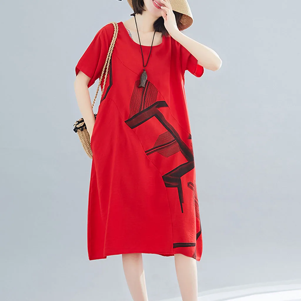 Летнее женское платье с коротким рукавом и принтом свободное летнее из хлопка