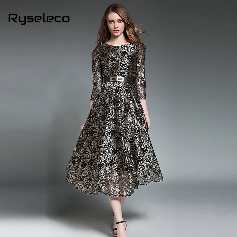 Ryseleco Sexy Summer Elegant 3/4 Sleeve Embroidery Cutout Floral Lace Dresses Women Fashion Quality Long Maxi Flare Vestido
