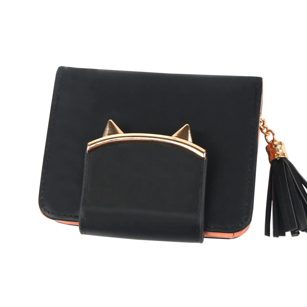 

2018 Cute Cat Ears Leather Vintage Tassel Women Wallet Luxury Brand Famous Short Mini Womens Wallets And Purses For Credit Cards