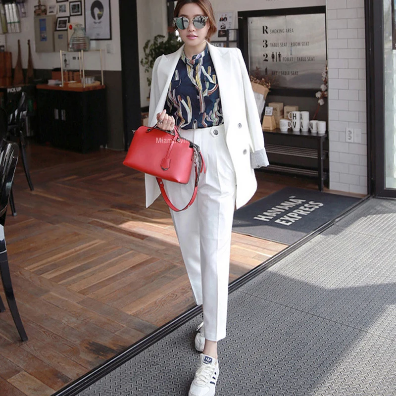 2018 Деловые женские узкие брюки костюмы комплекты из 2 предметов белый однотонный