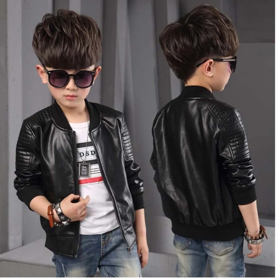 Детская одежда 2018 Осенняя новая однотонная кожаная с рисунком куртка для