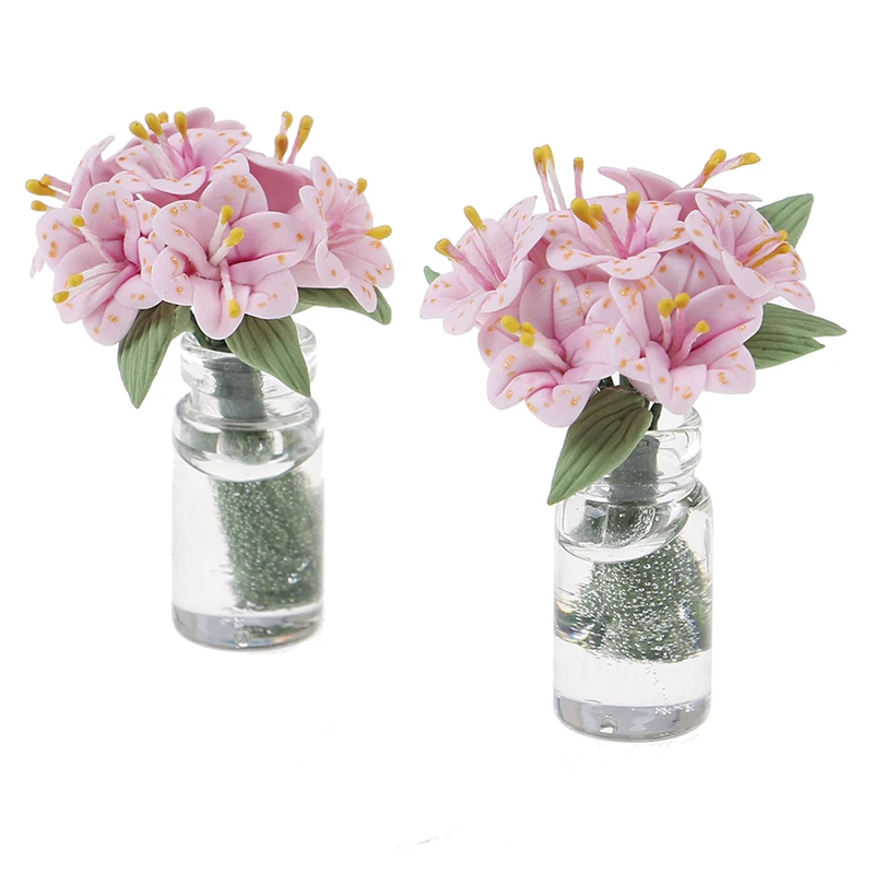 

1:12 Scale Fake Plant Flower Doll House Toy Lily Glass Bottle Flower Arrangement Dollhouse Furniture Miniatures Accessories