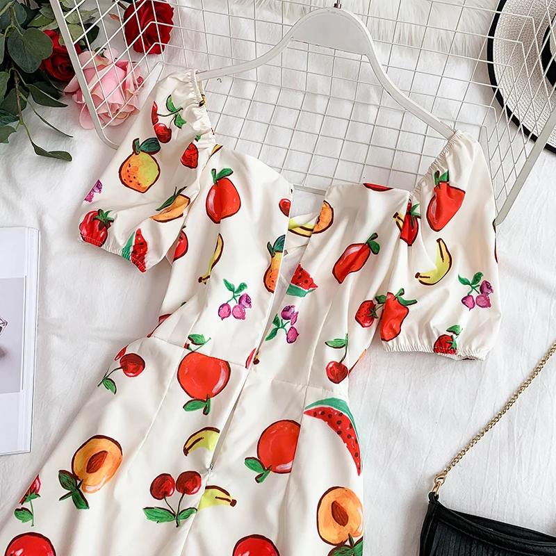 2019 Новое модное женское платье Сладкие Фрукты Арбуз клубника вишня принт v