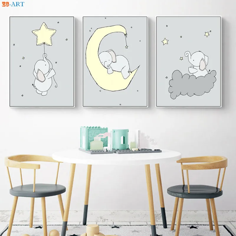 Слон луна и звезды принт для детской плакат холст картины бледно-желтого цвета