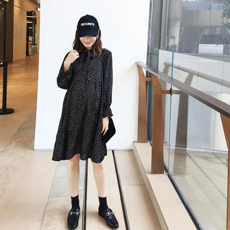 Moms Black Print Dot Chiffon Maternity Clothes for Pregnant Women Lactation Dress Knee-Length Breastfeeding Dresses Spring | Мать и