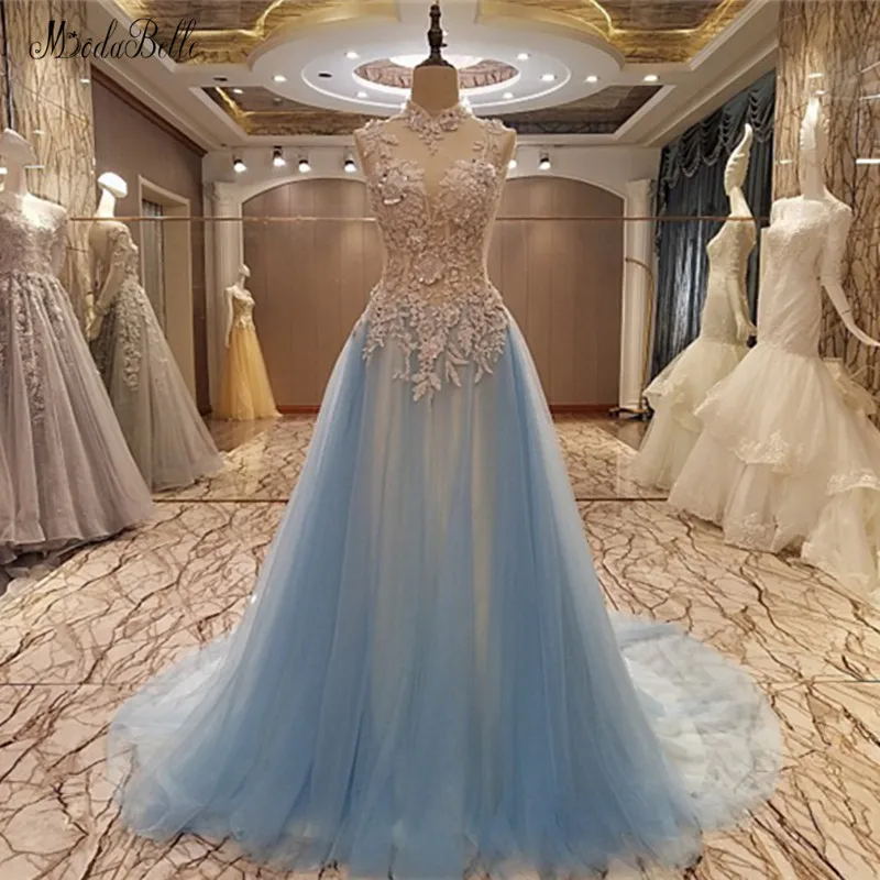 

modabelle High Neck Blue Evening Dresses With White Appliques Robe Longue Long Evening Gown Dresses Vestidos Longos Para Festa