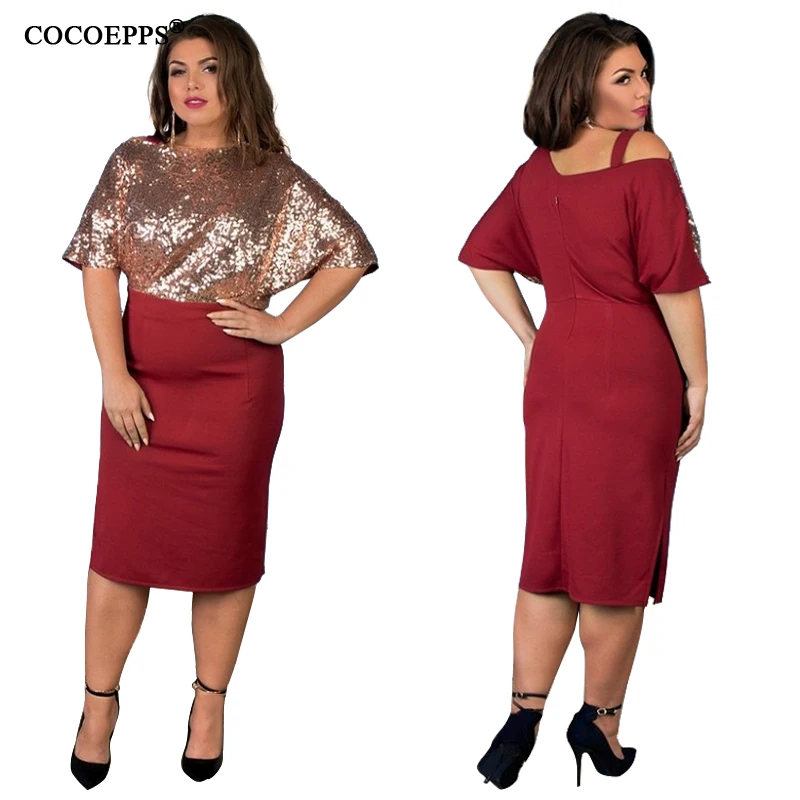 5XL 6XL расшитое блестками женское платье большого размера, летнее сексуальное платье с разрезом большого размера, красное офисное элегантное вечернее платье с открытыми плечами