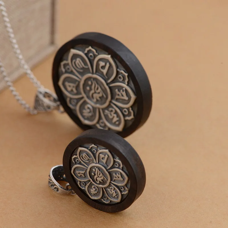 Подлинная серебряная подвеска мантра из черного дерева кулон с шестью надписями